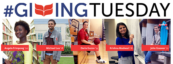 #Giving Tuesday. 5 students pictured in a vertical collage. Angela Frimpong '20, Michael Lee '18, Daria Guzzo '19, Krishna Mudwari '18, and John Gouwar '21 are the students featured.