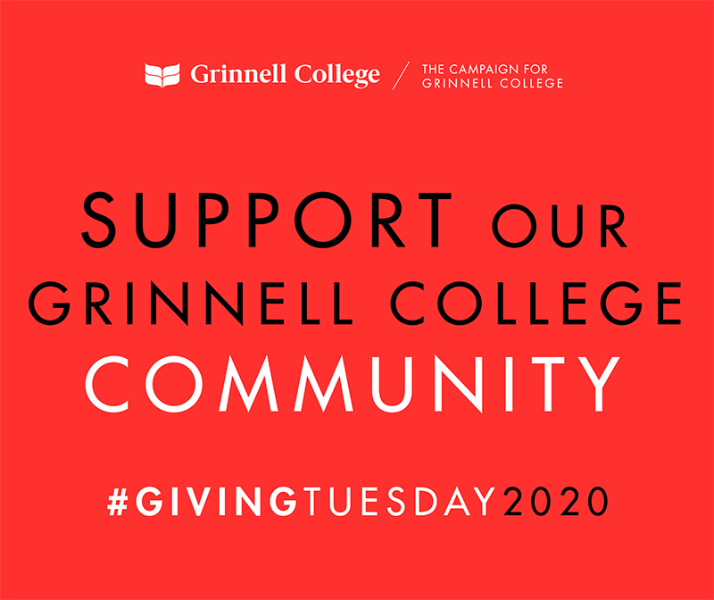 Black and White Text over Red Background. Text: Support our Grinnell College Community #GivingTuesday2020