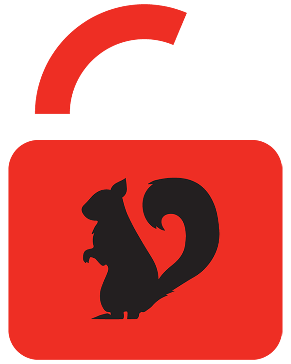 Infographic: Stylized red padlock unlocked with a Scarlet the squirrel outline instead of a keyhole.