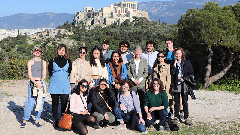 A group photo of student and faculty who traveled to Greece to explore topics of ownership around Greek antiquities.