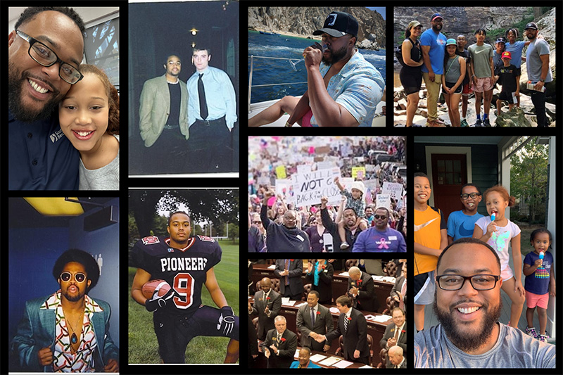 A collage of photos featuring Charles Blake ’05