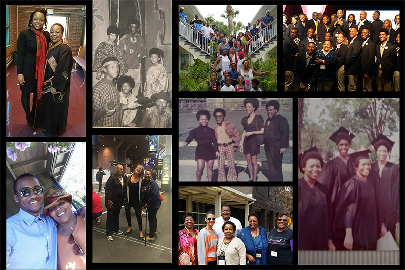 A collage of photos featuring Denise Iverson-Payne ’74