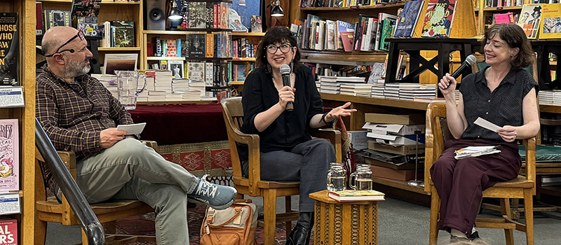 Erika Krouse &rsquo;91, middle, is joined by Arsen Kashkashian and Maeve Conran for a live taping of a radio show and podcast held at the Boulder Bookstore. Photo credit: R.L. Maizes.
