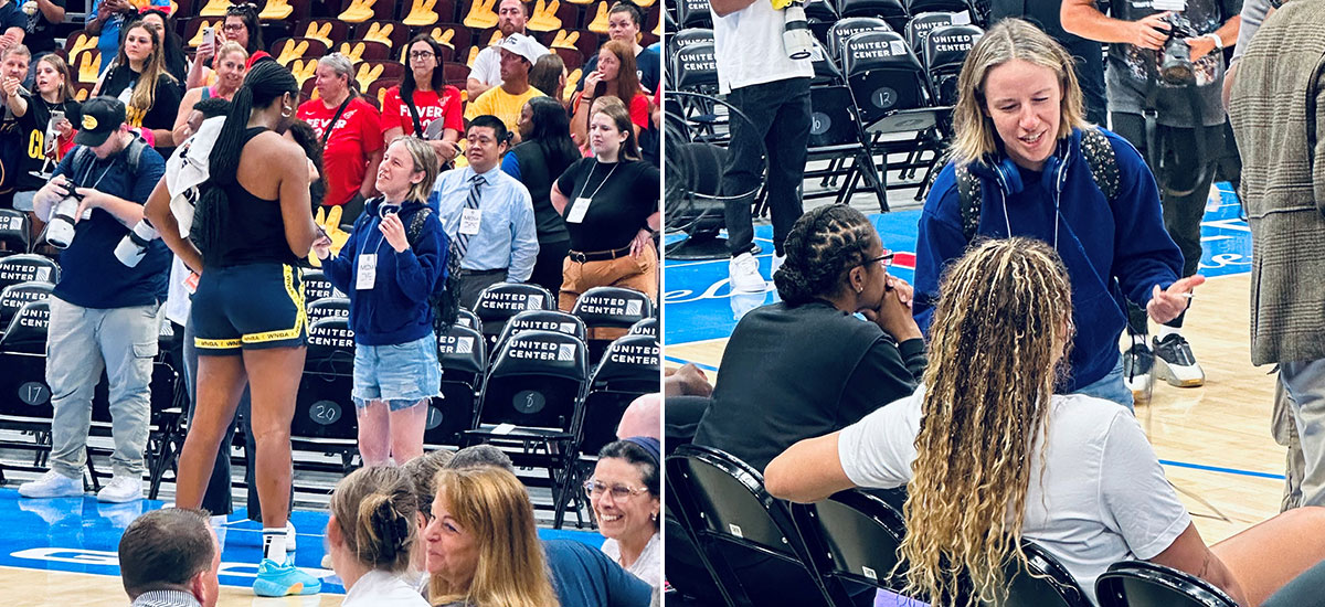 Two images. Image 1: Alissa Hirsh ’16 interviews Indiana Fever All-Star Aliyah Boston. Image 2: Hirsh talks with Sky second-year player Kamilla Cardoso before the July 27 game at the United Center in Chicago.