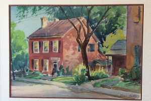 Painting of brick two story home by Theon Betts