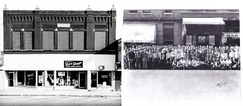 Two photos. Left: A 1987 photo, More than a Shirt Shoppe in the first floor of the Beyer building. Right photo: A large group of Grinnell residents had their photo taken in 1929 in front of what was then known as C.W.H. Beyer & Co.