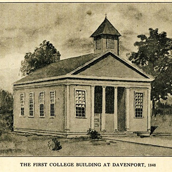 The first Iowa College building in Davenport is displayed two years after James J. Hill started the College’s endowment.
