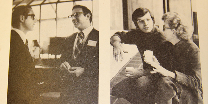 Two photos: First photo: Two men converse while wearing suits. Second photo: An Alumnae and Alumnus chat while enjoying a cup of coffee