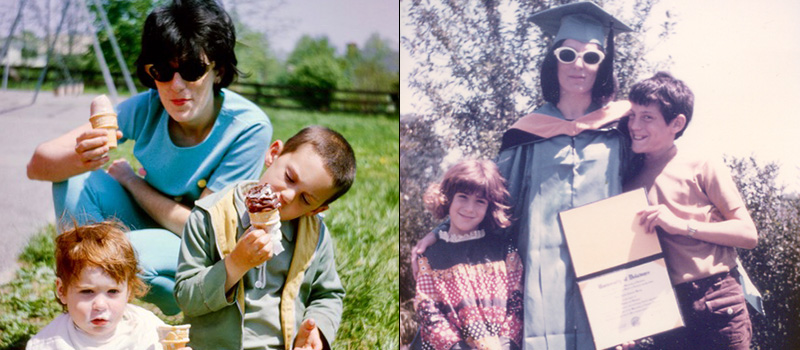 Two photos. Photo 1 Ulery enjoys an ice cream outing with her children. Photo 2: Ulery takes a photo with her children holding a diploma. 