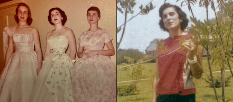 Two photos. Photo 1: Dana Ulery ’59, middle, is pictured before the 1957 spring prom at Grinnell College. Photo 2: Dana Ulery ’59 in a 1960 photo.