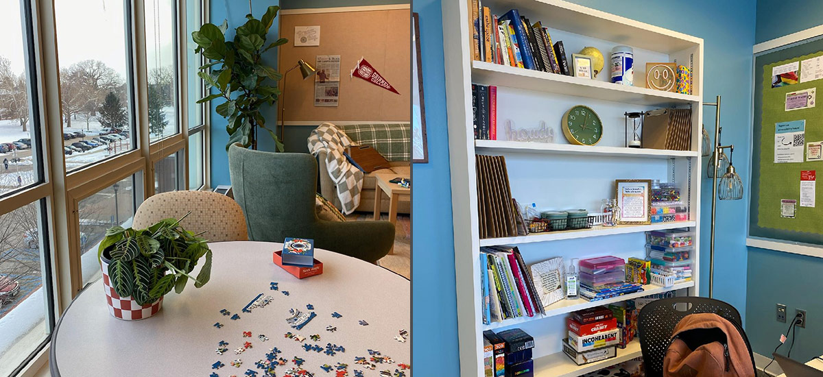 A pair of photos show the updated FGLI space featuring couches, tables, and a calming blue wall color.