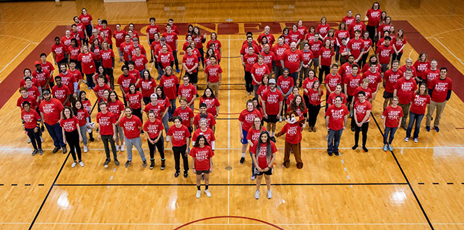 Approximately 200 students, faculty, and staff joined in creating a Human Laurel Leaf at Darby Gym in celebration of the fifth annual Scarlet & Give Back Day.