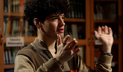 Jasiah Villalta ’26 speaks during an interview in the library.