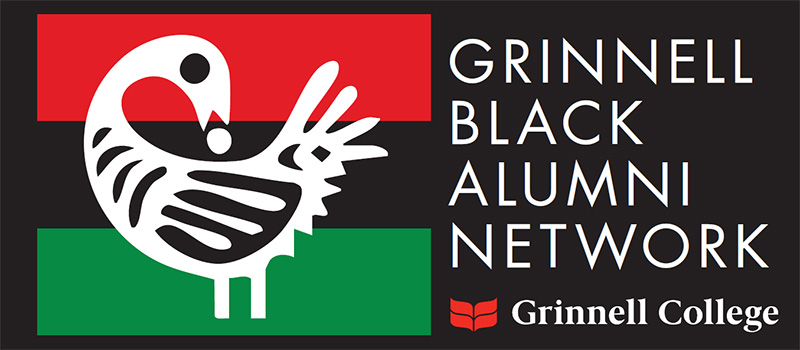 Text: Grinnell Black Alumni Network. Image: A white and black stylized bird on a red, black, and green flag. The Grinnell College logo sits below the text.