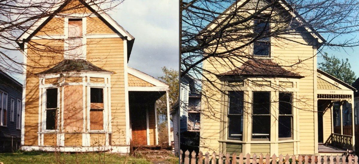 A before and after photo shows Ahmann’s exterior rehabilitation work on a Seattle house orginally built in 1894.