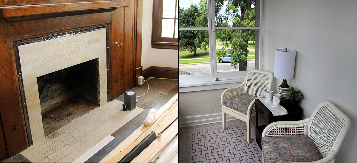 Photo 1: A photo of a fireplace being restored. Photo two: wicket chairs sit on a restored enclosed porch. 