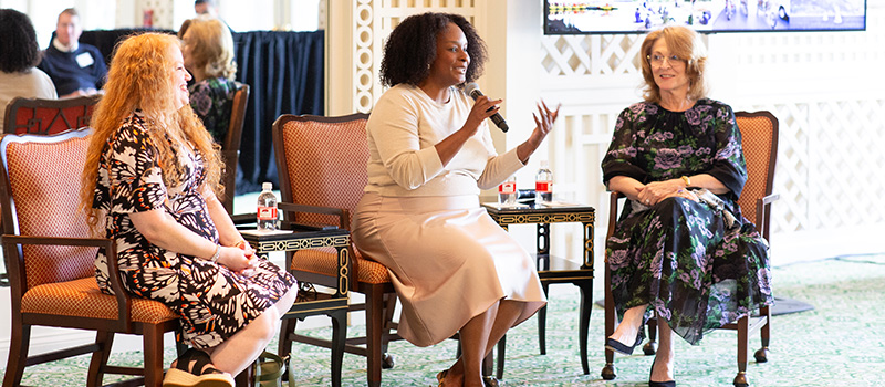 Bernadine Douglas, center, speaks during a conversation with Susan Holden McCurry ’71, right, and Brigittine French.