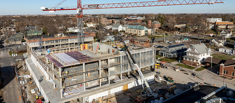 A December drone photo of Renfrow Hall from the south shows the construction progress.