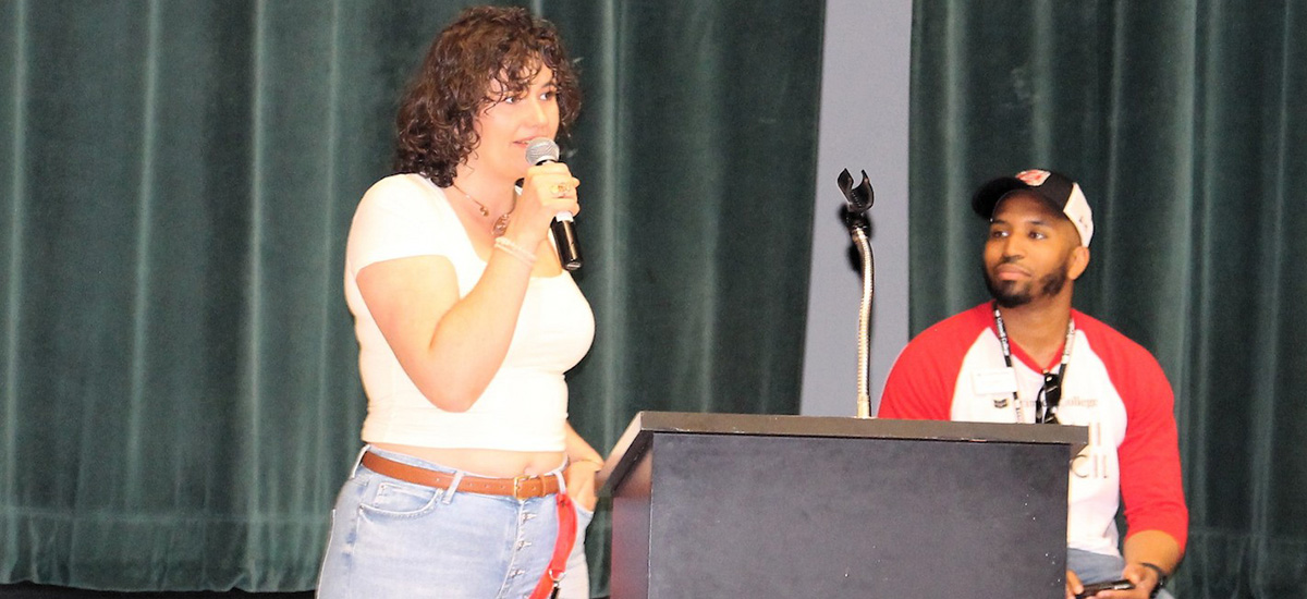 Iulia Iordache ’15, left, speaks during the 10th reunion brunch at Reunion 2015, with Alumni Counicl member Ben Vaughn Jr. ’15 looking on.