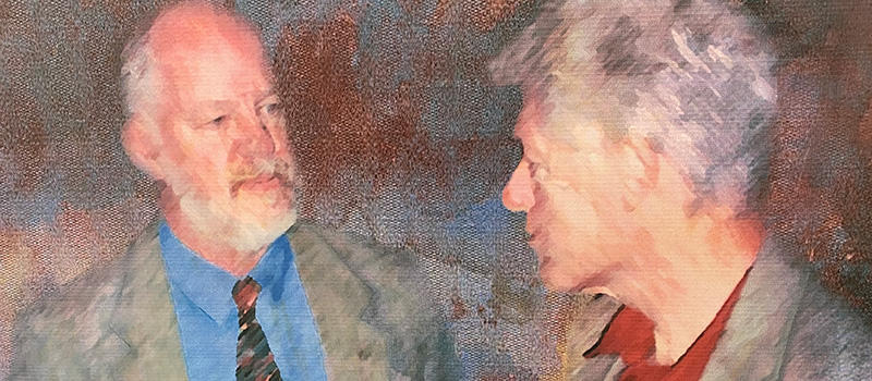 A painting of Jeff Taft-Dick ’73 with President Bill Clinton.