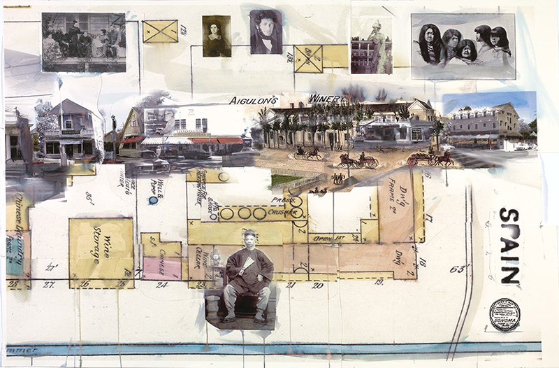 A sample panel designed by artist Michael Acker uses a collage of portraits of the people who are most often left out of Sonoma’s history and old fire insurance maps of the Sonoma Plaza. 