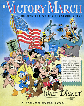 A book cover for A Victory March featuring illustrations of iconic Disney characters with pro war signs.  