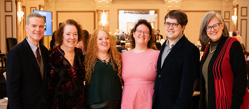 Kevin Rhodes ’85, Lindy Lopes ’85, Brigittine French, Emily Lopes Rhodes ’19, Aaron Mulford, and Grinnell College President Anne F. Harris.