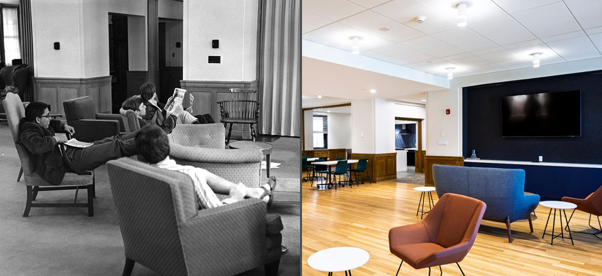 Left photo: A throwback photo from 1968 relax in the Loose Hall. Right photo: The modern space featuring bright colors and furniture.