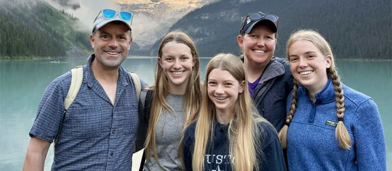 (1) Dan, left, Maddie, Alex, Camarin, and Genevieve Madigan pose for a photo at Lake Louise 