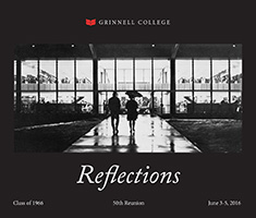 Cover of the 1966 Grinnell Memory Book. Text: Reflections. Image: Black and white photo of two individuals walking in the rain towards a building on campus. They are silhouetted against the lights of the building. 