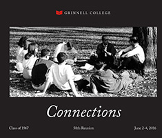 Cover of the 1967 Grinnell Memory Book. Text: Connections. Image: Black and white photo showing a class being taught outdoors under a tree.