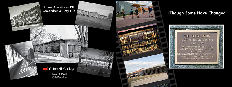 Cover of the 1970 Grinnell Memory Book. Text: There are places I'll remember all my life (though some have changed). Image: Front Cover - Black and white images of various buildings on campus. Back Cover: images of new buildings on campus in color.
