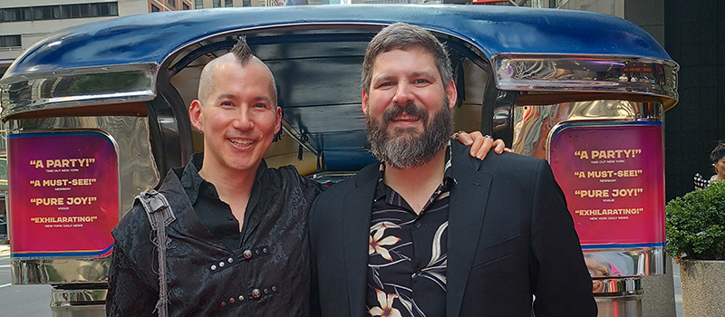 M.L. Dogg ’97, left, is pictured with Cody Spencer on opening night of the Here Lies Love musical. The two were co-sound designers.