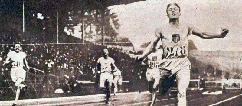 Frederick Morgan Taylor 1926 crosses the finish line at the 1924 Paris Olympics in the 400-meter hurdles