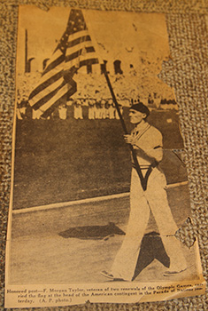 Frederick Morgan Taylor 1926 leads the American athletes bearing the flag at the 1932 Olympics in Los Angeles. 