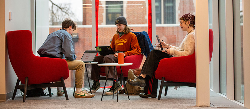 Students study inside a newly renovated Norris Hall lounge. 