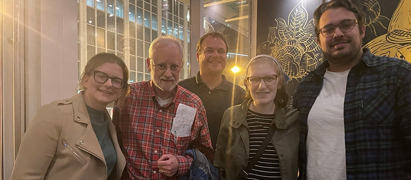 During a trip to Washington D.C. in fall 2022, Dack Professor of Chemistry Jim Swartz (second from left) had dinner with Emma Lange ’16, left; Emma’s husband, Max Ernst; Gwenna Ihrie ’15; and Cliff Novak.