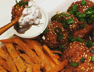 Korean fried cauliflower bites with vegan ranch and seasoned sweet potatoes fries is another dish that was served up by the Seoul 2 Soul Food Truck.
