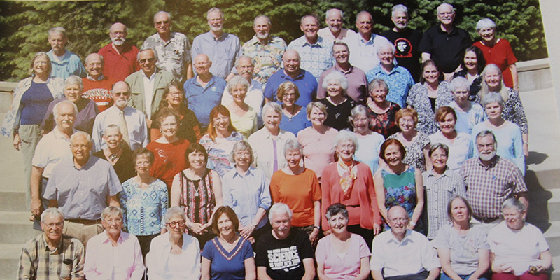 The class of 1967 posed for a group shot during their 50th reunion in 2017. Class members will return to Grinnell for their 55th reunion in June. 