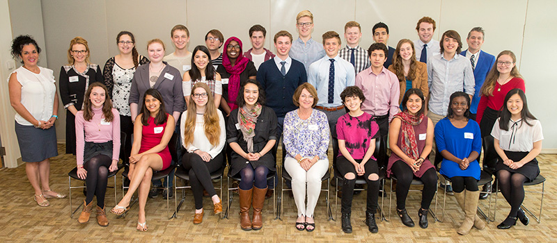 Susan Holden McCurry &rsquo;71, middle of first row, is pictured with the first Global Learning Program class in spring 2016.