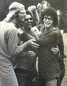 Lee, right, celebrates with fellow students at a soccer game in 1975. 