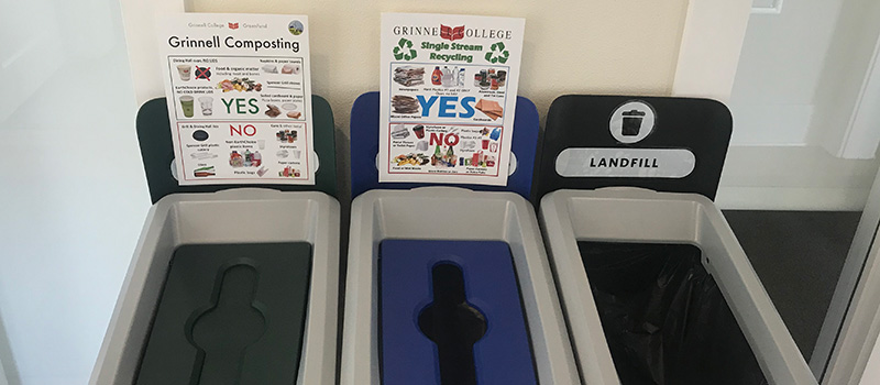 New system of centralized waste bins which has options for composting, recycling, and waste.