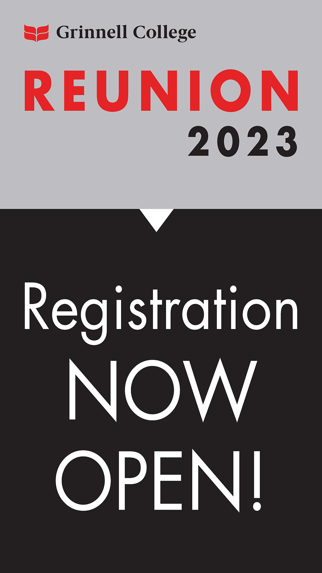 Two sections of text. First section Red and Black text over a gray background. Text: Reunion 2023. Second section white text over black background. Text: Registration now open!