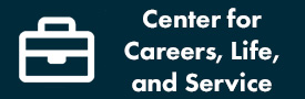 White Icon and Text over Navy Blue Background. Icon: Briefcase Text: Center for Careers, Life, and Service