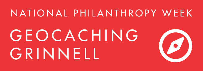 White text on red background. Text: National Philanthropy Week - Geocaching Grinnell. Icon: Compass