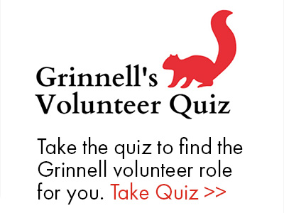 Text: Grinnell's Volunteer Quiz. Take the quiz to find the Grinnell volunteer role for you. Take Quiz >>, Icon: Red Squirrel.