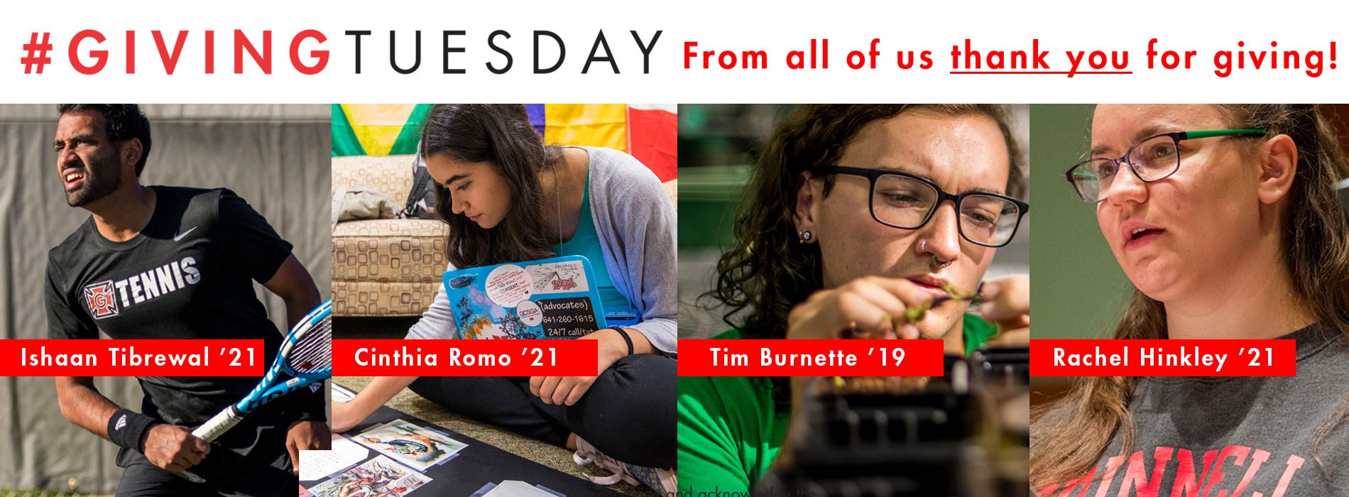 #Giving Tuesday. 5 students pictured in a vertical collage. Angela Frimpong '20, Michael Lee '18, Daria Guzzo '19, Krishna Mudwari '18, and John Gouwar '21 are the students featured.