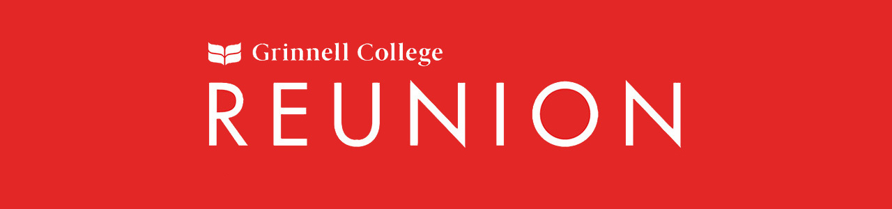 White text on red background. Text: Reunion. Grinnell College logo sits above the text.