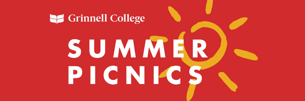 White text on a red background. Text: Summer Picnics. A Yellow stylized Sun sits behind the text. 