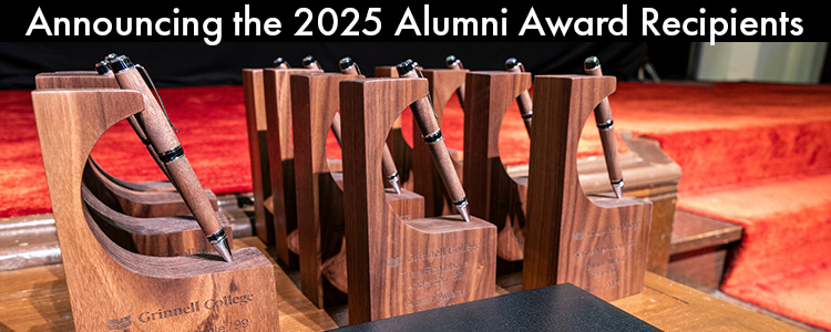 Text: Announcing the 2025 Alumni Award Winners. Image: The 2024 Alumni Awards plaques created from wood which include a pen turned from wood recovered from trees felled on campus.